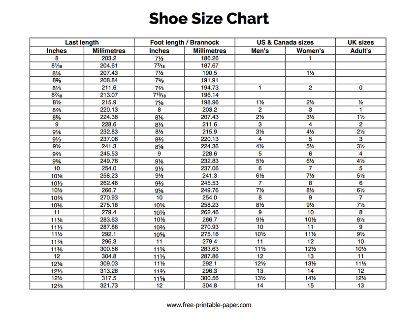 Shoe Size Chart Free printable paper